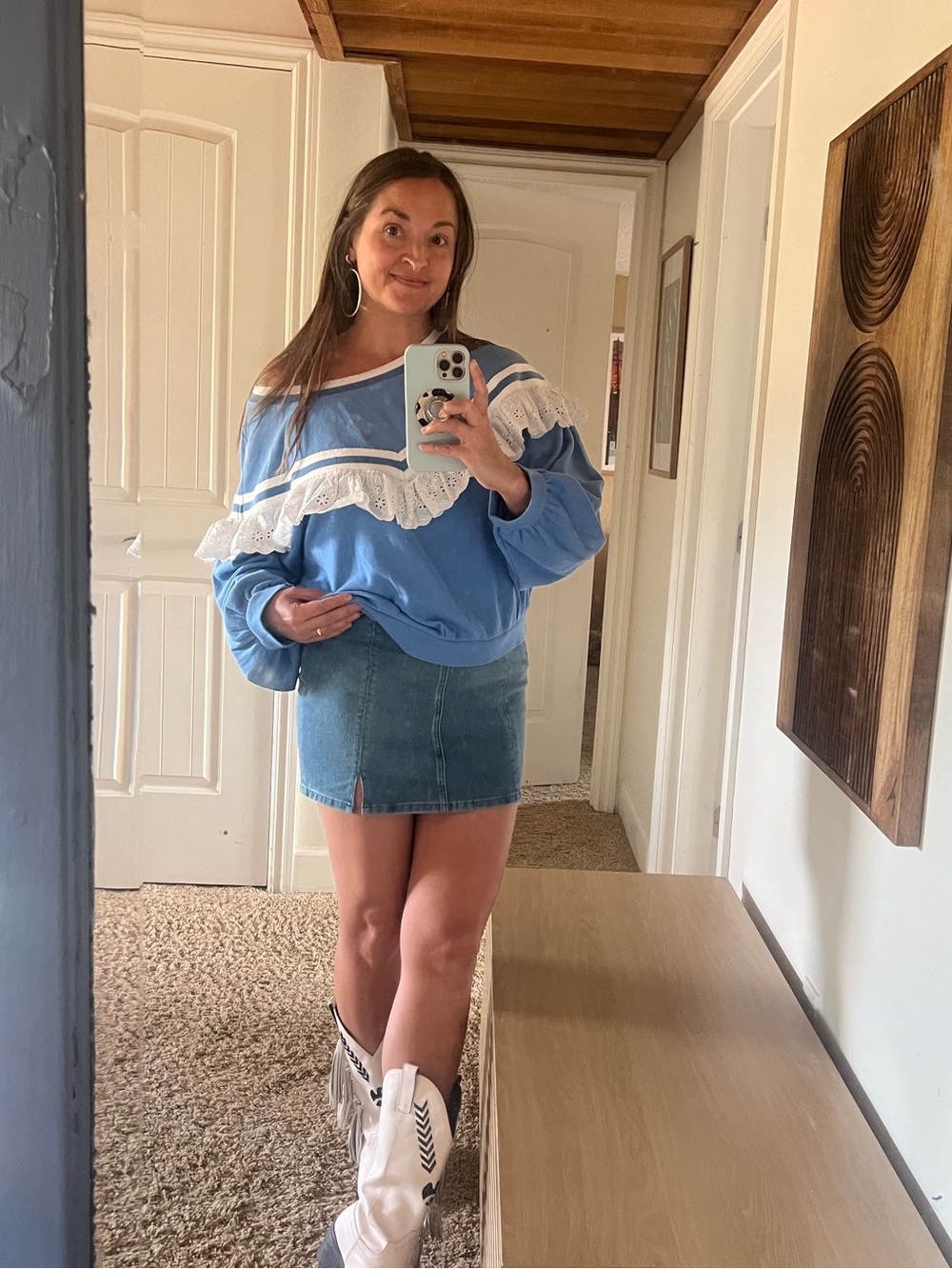 Anthropologie Blue and White Ruffle-Trim Sweatshirt Festival Cottage coreMedium